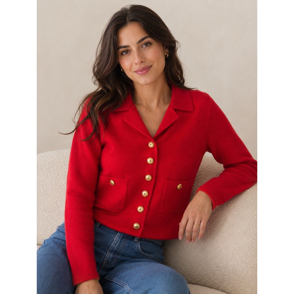 Vintage JSS Red Knit Sweater Blazer Gold Button Cardigan Jacket Women Medium USA